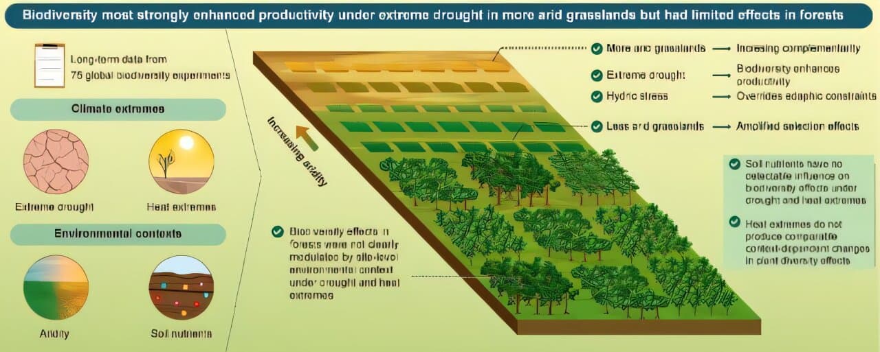 Biodiversity boosts productivity most during extreme drought in drier grasslands